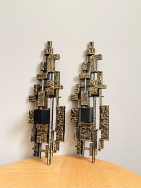 Set of 2 Vintage c1974 Syroco Dart MCM Post Modern Brutalist Candle Wall Sconces